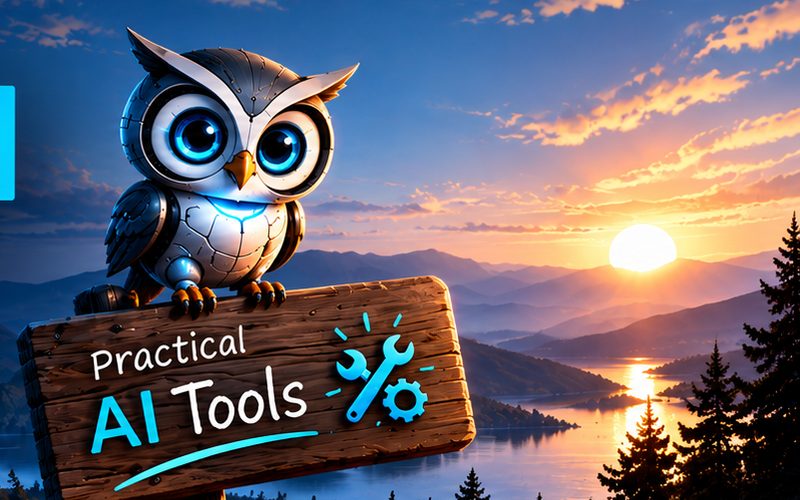 The rooGBot AI robot owl at sunset.