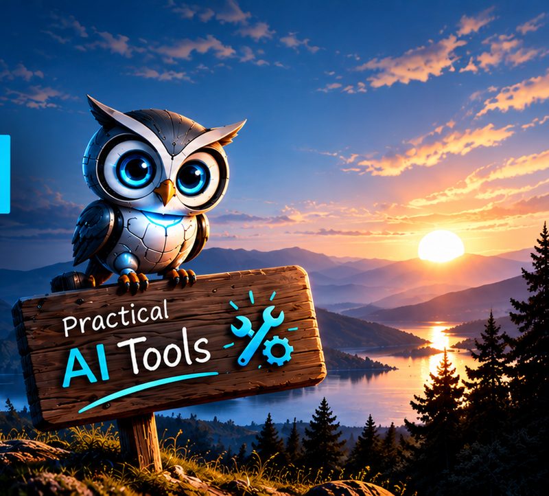 The rooGBot AI robot owl on a wooden sign reading Practical AI Tools, at sunset.